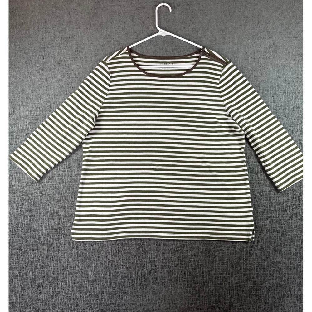 Talbots Olive Green Striped Cotton Top XL Shoulder Zipper Faux Leather Trim